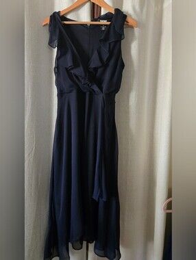 DKNY Navy Ruffle-Trim Midi Wrap Dress